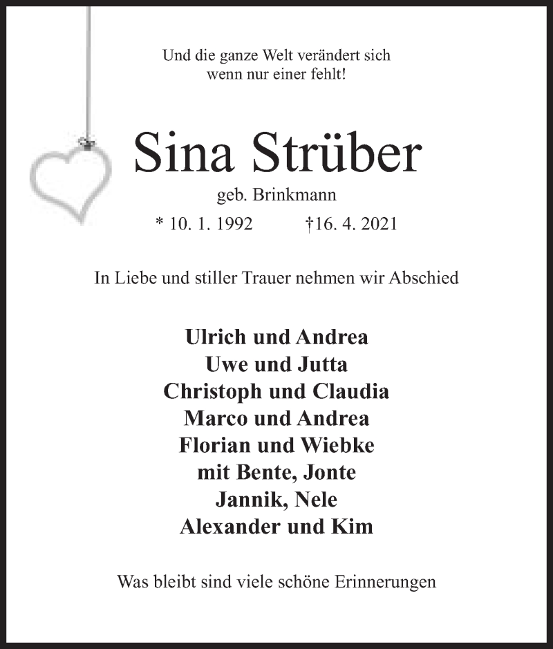  Traueranzeige für Sina Strüber vom 24.04.2021 aus Mindener Tageblatt