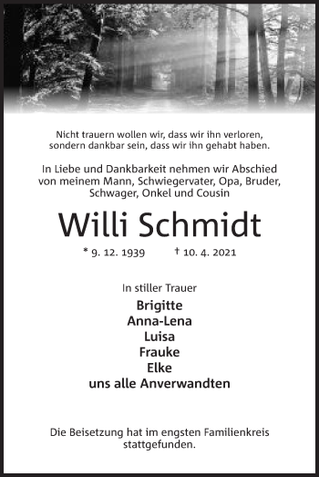 Anzeige von Willi Schmidt von Mindener Tageblatt