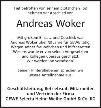 Anzeige von Andreas Woker von Mindener Tageblatt