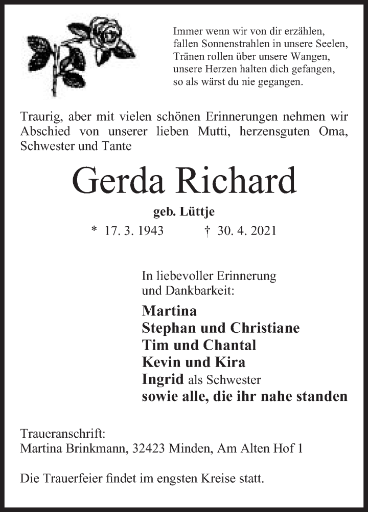  Traueranzeige für Gerda Richard vom 08.05.2021 aus Mindener Tageblatt