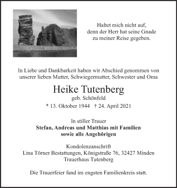 Anzeige von Heike Tutenberg von Mindener Tageblatt