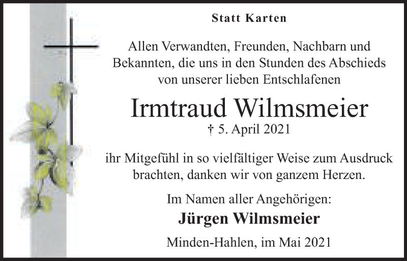 Traueranzeige für Irmtraud Wilmsmeier vom 08.05.2021 aus Mindener Tageblatt