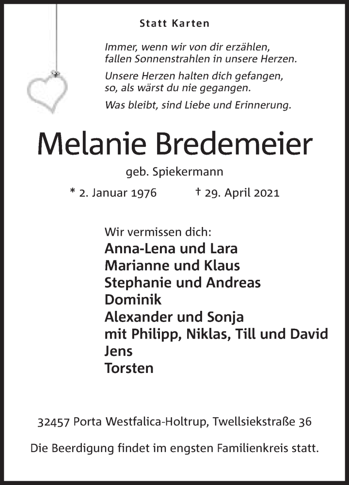  Traueranzeige für Melanie Bredemeier vom 01.05.2021 aus Mindener Tageblatt