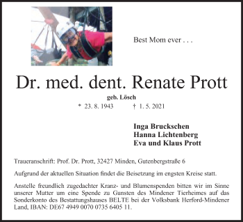 Anzeige von Renate Prott von Mindener Tageblatt