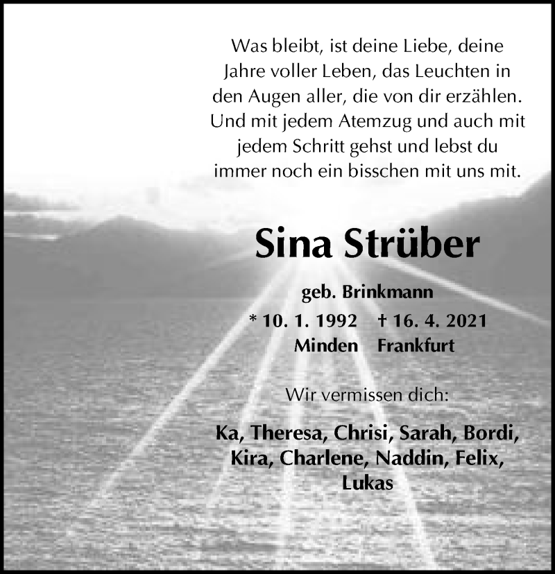  Traueranzeige für Sina Strüber vom 01.05.2021 aus Mindener Tageblatt