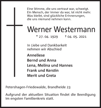 Anzeige von Werner Westermann von Mindener Tageblatt