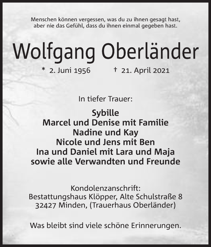  Traueranzeige für Wolfgang Oberländer vom 01.05.2021 aus Mindener Tageblatt