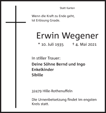 Anzeige von Erwin Wegener von Mindener Tageblatt