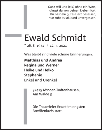 Anzeige von Ewald Schmidt von Mindener Tageblatt