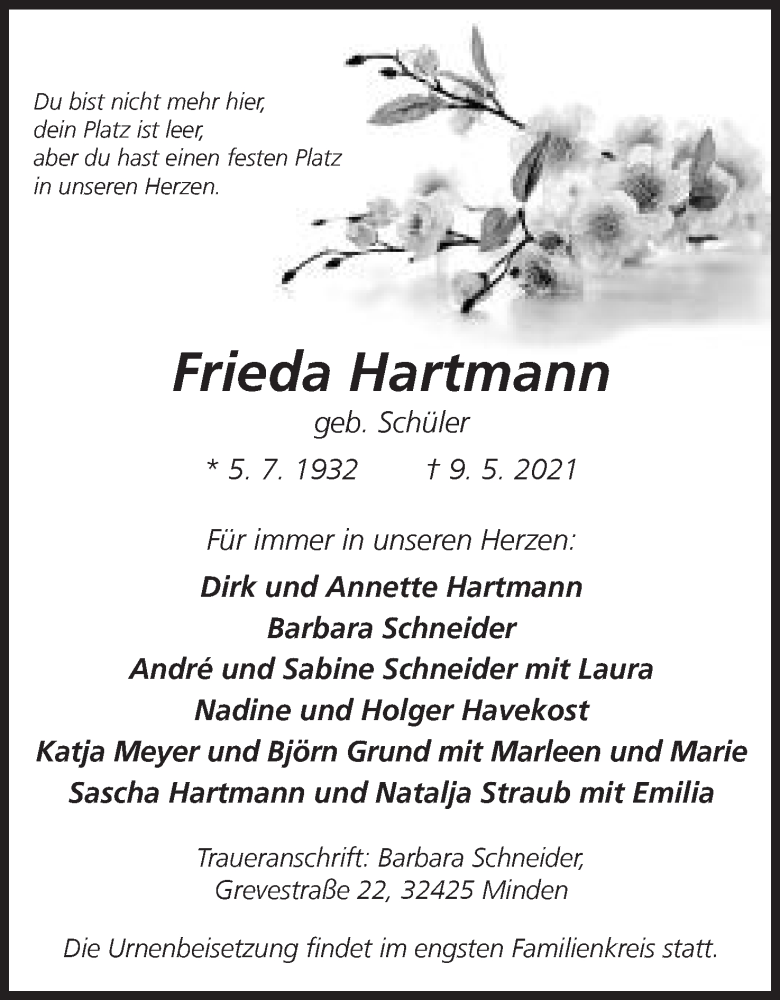  Traueranzeige für Frieda Hartmann vom 15.05.2021 aus Mindener Tageblatt