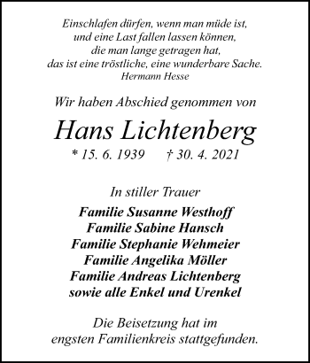 Anzeige von Hans Lichtenberg von Mindener Tageblatt