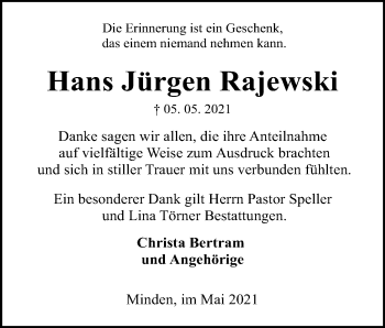 Anzeige von Hans Jürgen Rajewski von Mindener Tageblatt