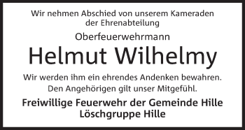 Anzeige von Helmut Wilhelmy von Mindener Tageblatt