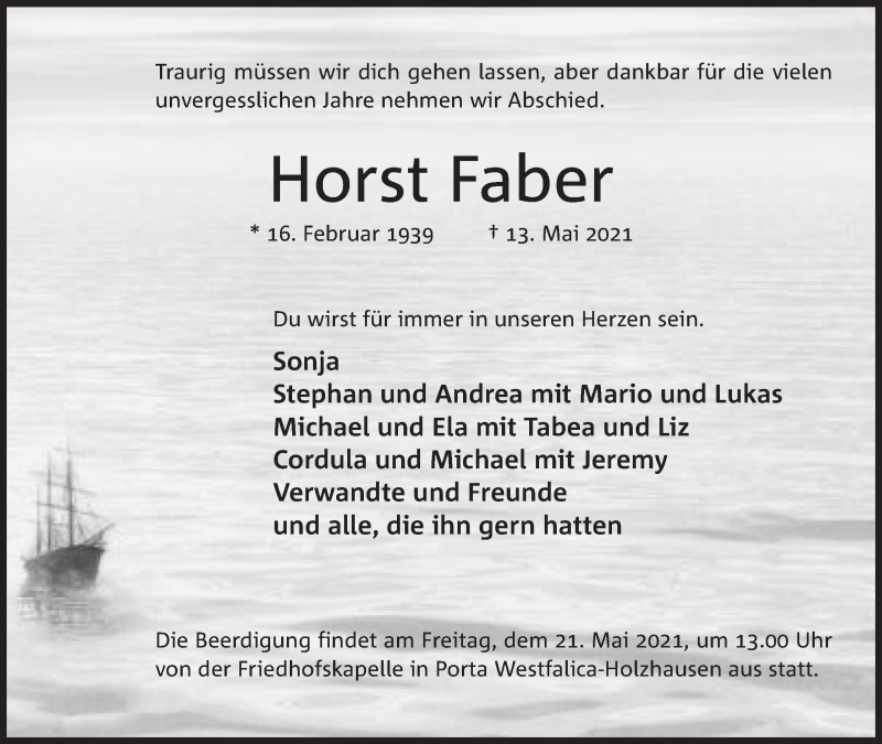  Traueranzeige für Horst Faber vom 18.05.2021 aus Mindener Tageblatt