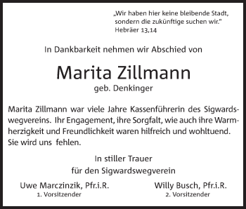 Anzeige von Marita Zillmann von Mindener Tageblatt