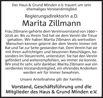 Anzeige von Marita Zillmann von Mindener Tageblatt