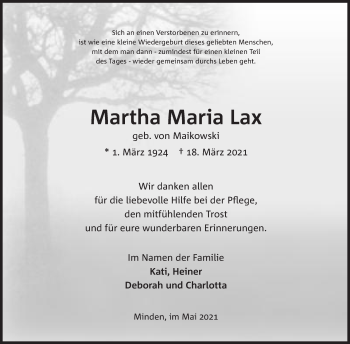 Anzeige von Martha Maria Lax von Mindener Tageblatt