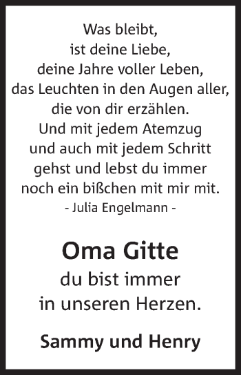 Anzeige von Oma Gitte  von Mindener Tageblatt