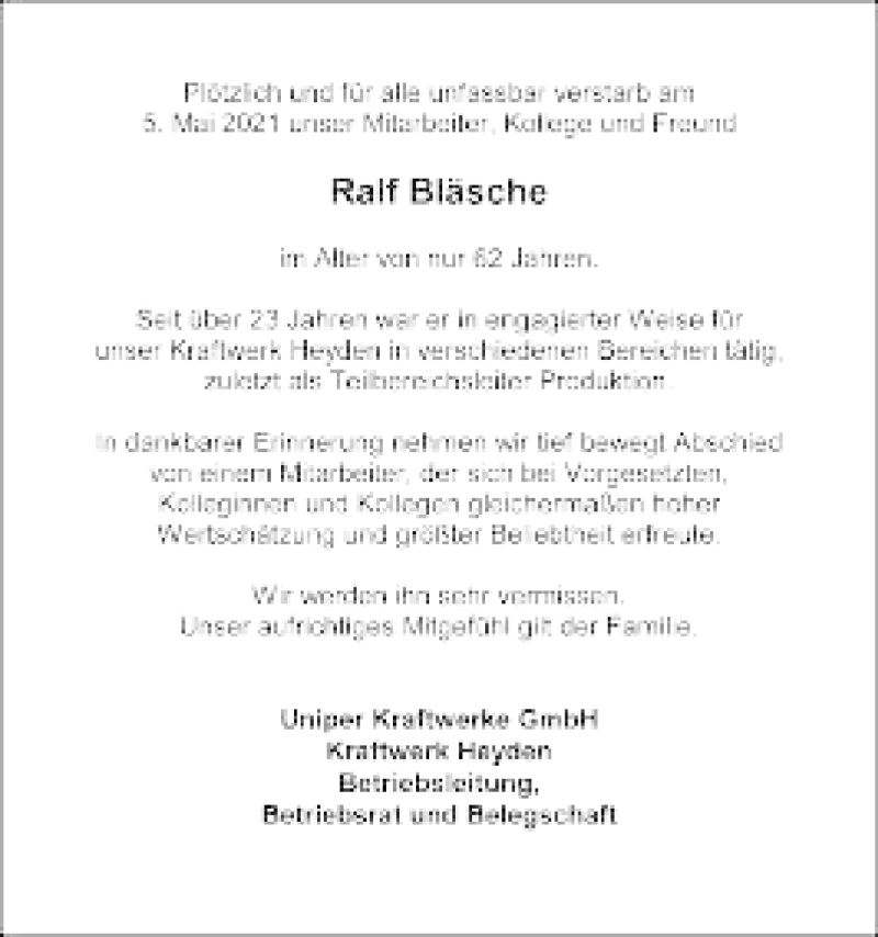  Traueranzeige für Ralf Bläsche vom 15.05.2021 aus Mindener Tageblatt