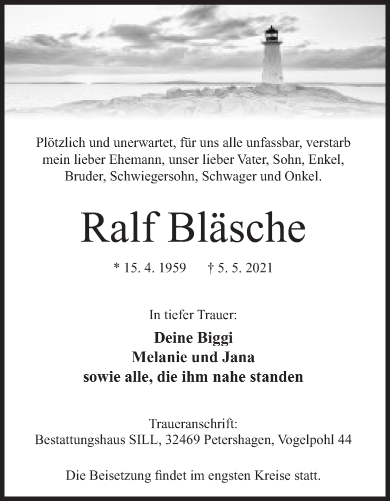  Traueranzeige für Ralf Bläsche vom 15.05.2021 aus Mindener Tageblatt