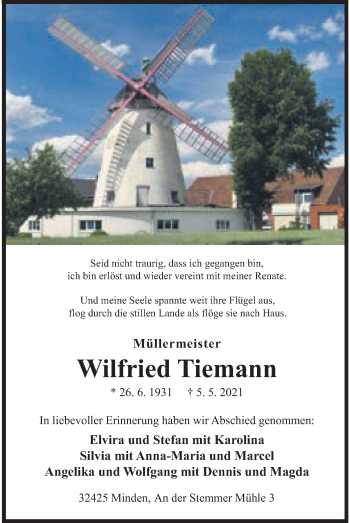 Anzeige von Wilfried Tiemann von Mindener Tageblatt