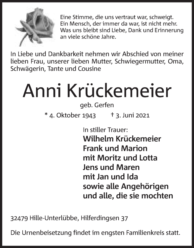  Traueranzeige für Anni Krückemeier vom 05.06.2021 aus Mindener Tageblatt