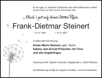 Anzeige von Frank-Dietmar Steinert von Mindener Tageblatt