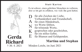 Anzeige von Gerda Richard von Mindener Tageblatt