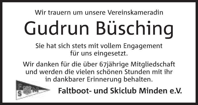 Traueranzeige für Gudrun Büsching vom 15.06.2021 aus Mindener Tageblatt