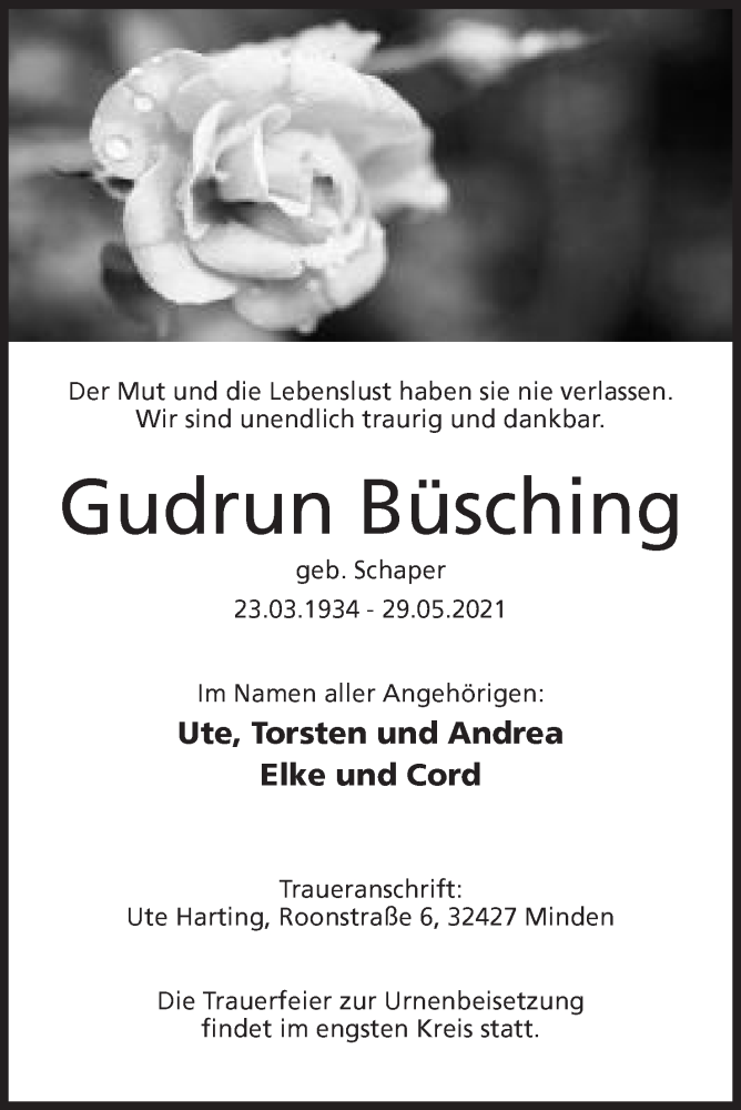  Traueranzeige für Gudrun Büsching vom 02.06.2021 aus Mindener Tageblatt