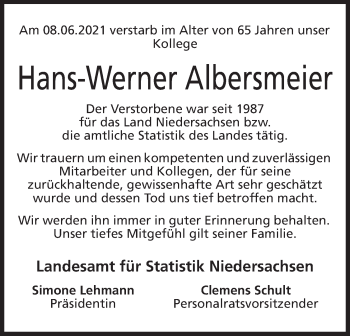 Anzeige von Hans-Werner Albersmeier von Mindener Tageblatt