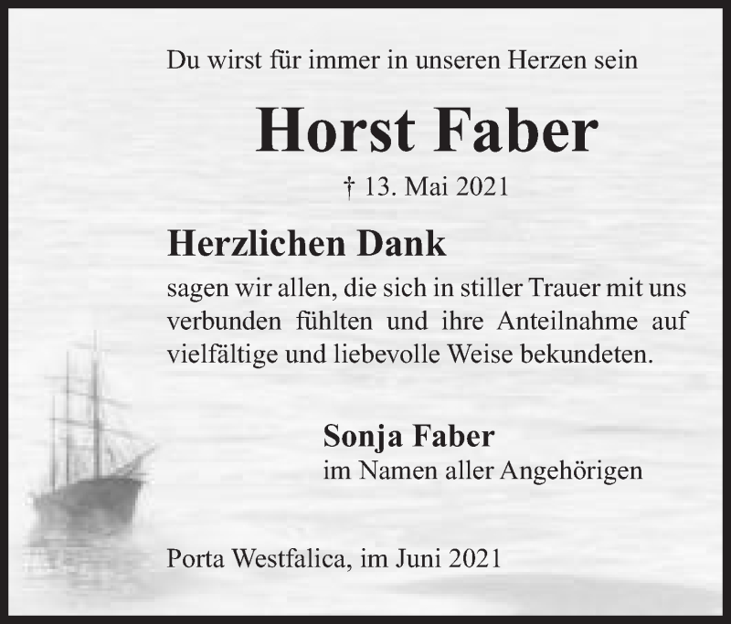  Traueranzeige für Horst Faber vom 19.06.2021 aus Mindener Tageblatt