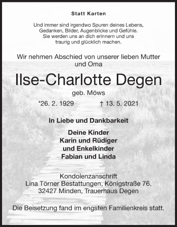 Anzeige von Ilse-Charlotte Degen von Mindener Tageblatt