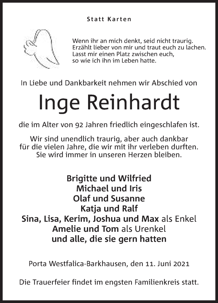  Traueranzeige für Inge Reinhardt vom 19.06.2021 aus Mindener Tageblatt