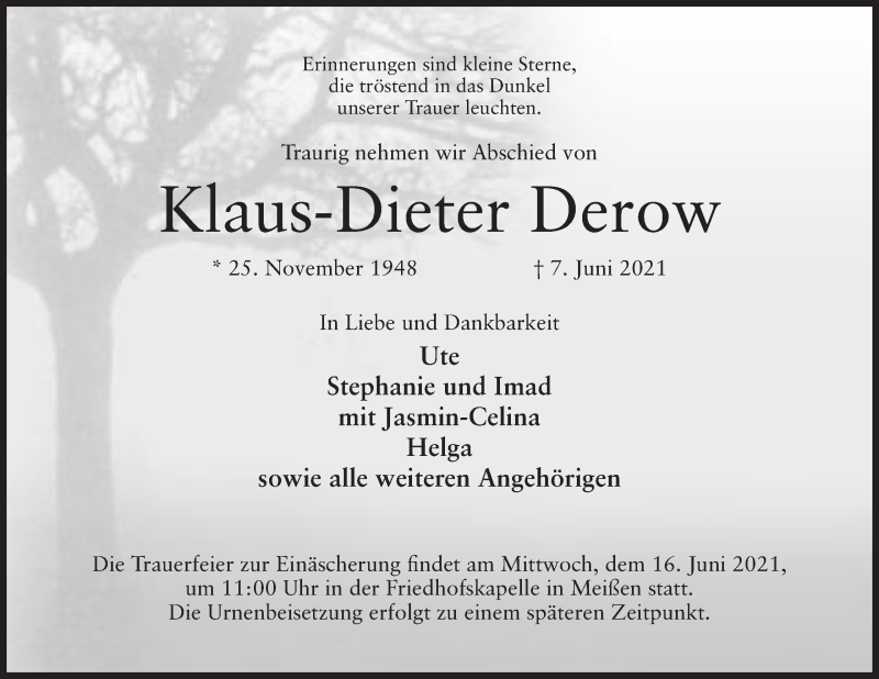  Traueranzeige für Klaus-Dieter Derow vom 09.06.2021 aus Mindener Tageblatt