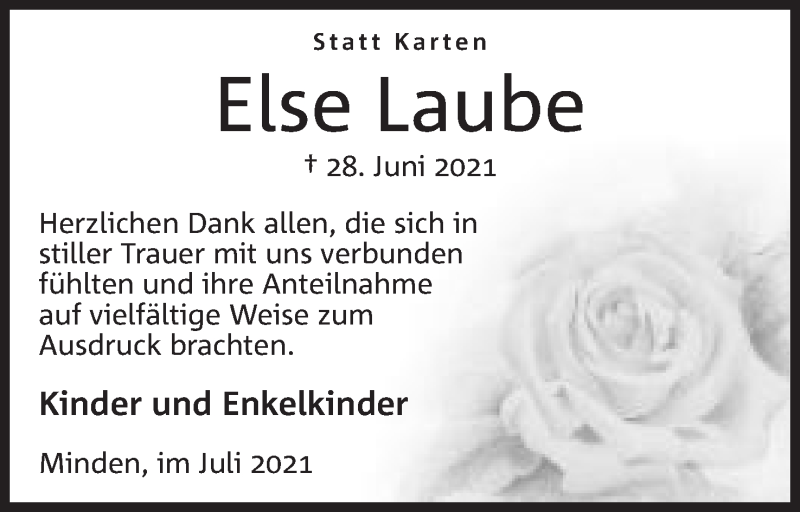  Traueranzeige für Else Laube vom 31.07.2021 aus Mindener Tageblatt