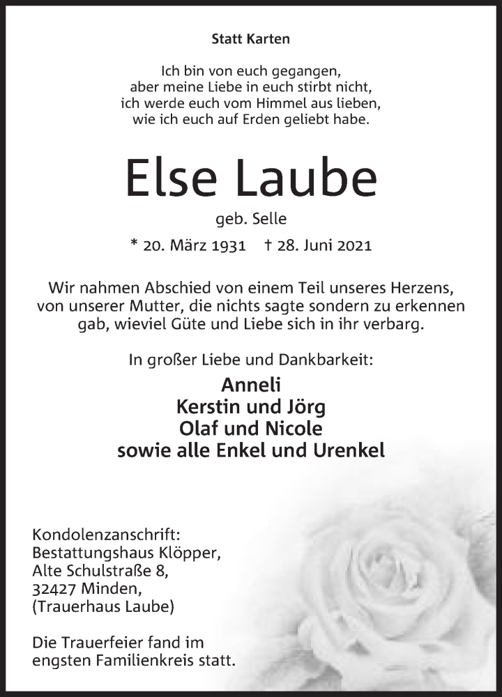  Traueranzeige für Else Laube vom 17.07.2021 aus Mindener Tageblatt