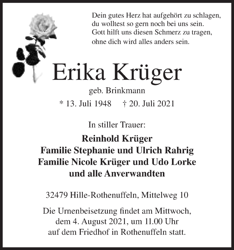  Traueranzeige für Erika Krüger vom 31.07.2021 aus Mindener Tageblatt