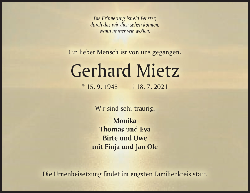  Traueranzeige für Gerhard Mietz vom 24.07.2021 aus Mindener Tageblatt
