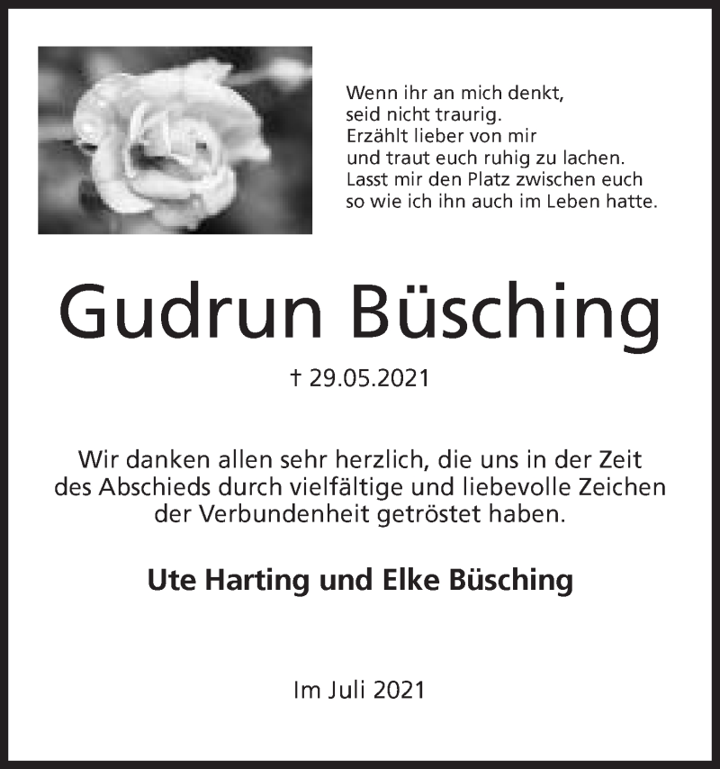  Traueranzeige für Gudrun Büsching vom 10.07.2021 aus Mindener Tageblatt