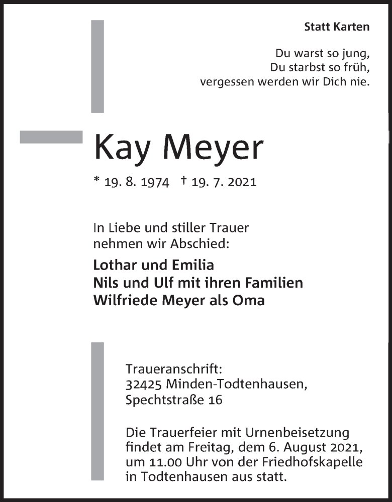  Traueranzeige für Kay Meyer vom 31.07.2021 aus Mindener Tageblatt