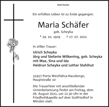 Anzeige von Maria Schäfer von Mindener Tageblatt