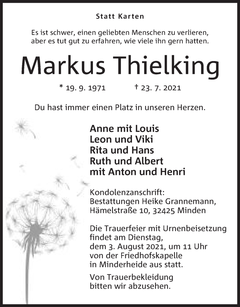  Traueranzeige für Markus Thielking vom 28.07.2021 aus Mindener Tageblatt