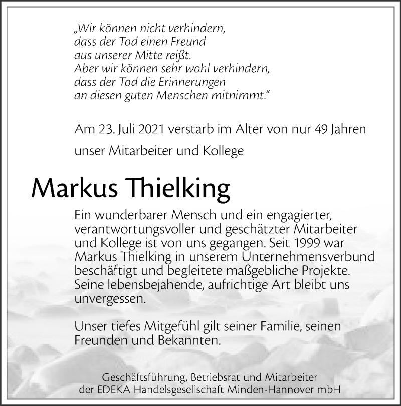  Traueranzeige für Markus Thielking vom 31.07.2021 aus Mindener Tageblatt