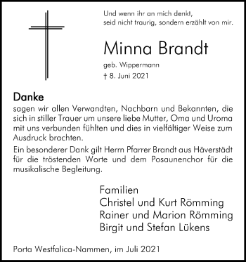 Anzeige von Minna Brandt von Mindener Tageblatt