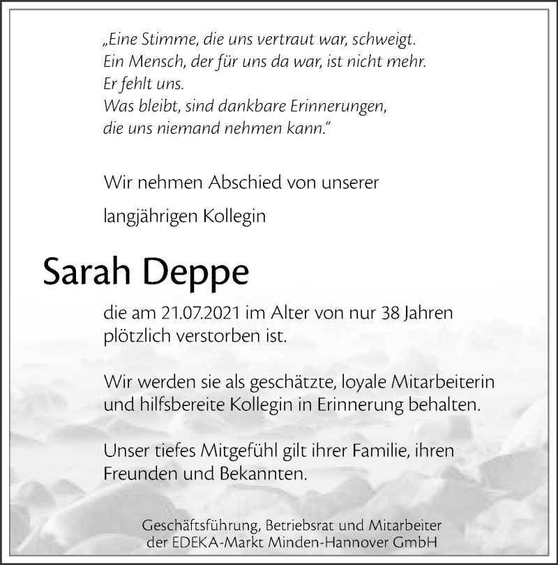  Traueranzeige für Sarah Deppe vom 31.07.2021 aus Mindener Tageblatt