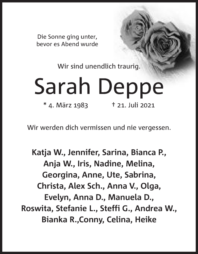  Traueranzeige für Sarah Deppe vom 28.07.2021 aus Mindener Tageblatt