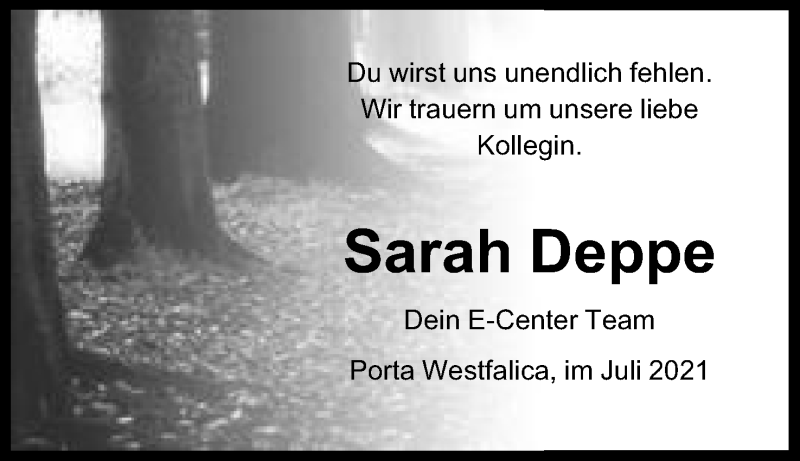  Traueranzeige für Sarah Deppe vom 31.07.2021 aus Mindener Tageblatt
