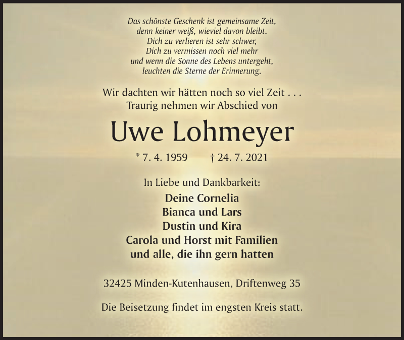  Traueranzeige für Uwe Lohmeyer vom 31.07.2021 aus Mindener Tageblatt