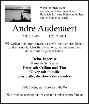 Anzeige von Andre Audenaert von Mindener Tageblatt